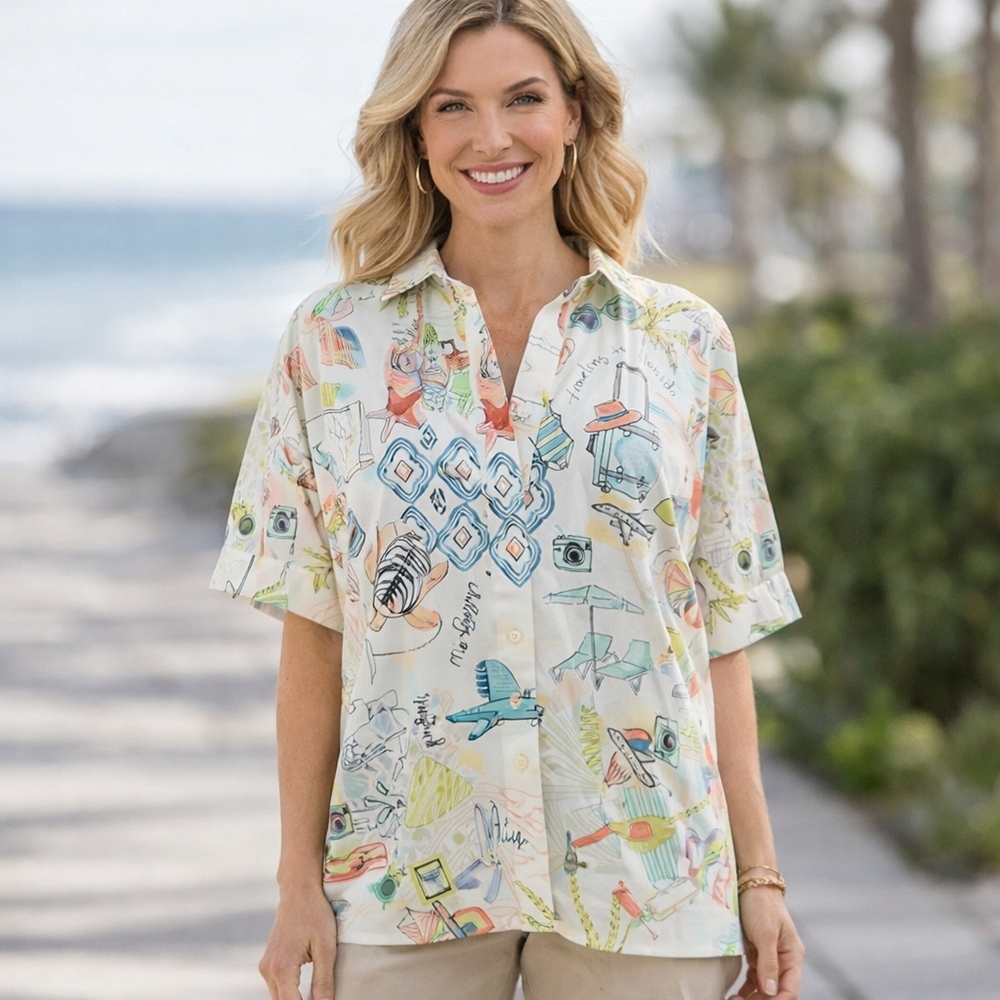 Chico's Cream Multicolor Printed Short-Sleeve Tunic
